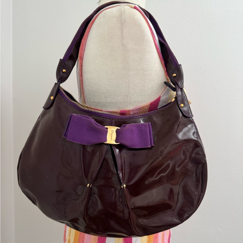 Salvatore Ferragamo Purple Patent Leather Hobo with Grosgrain Bow
